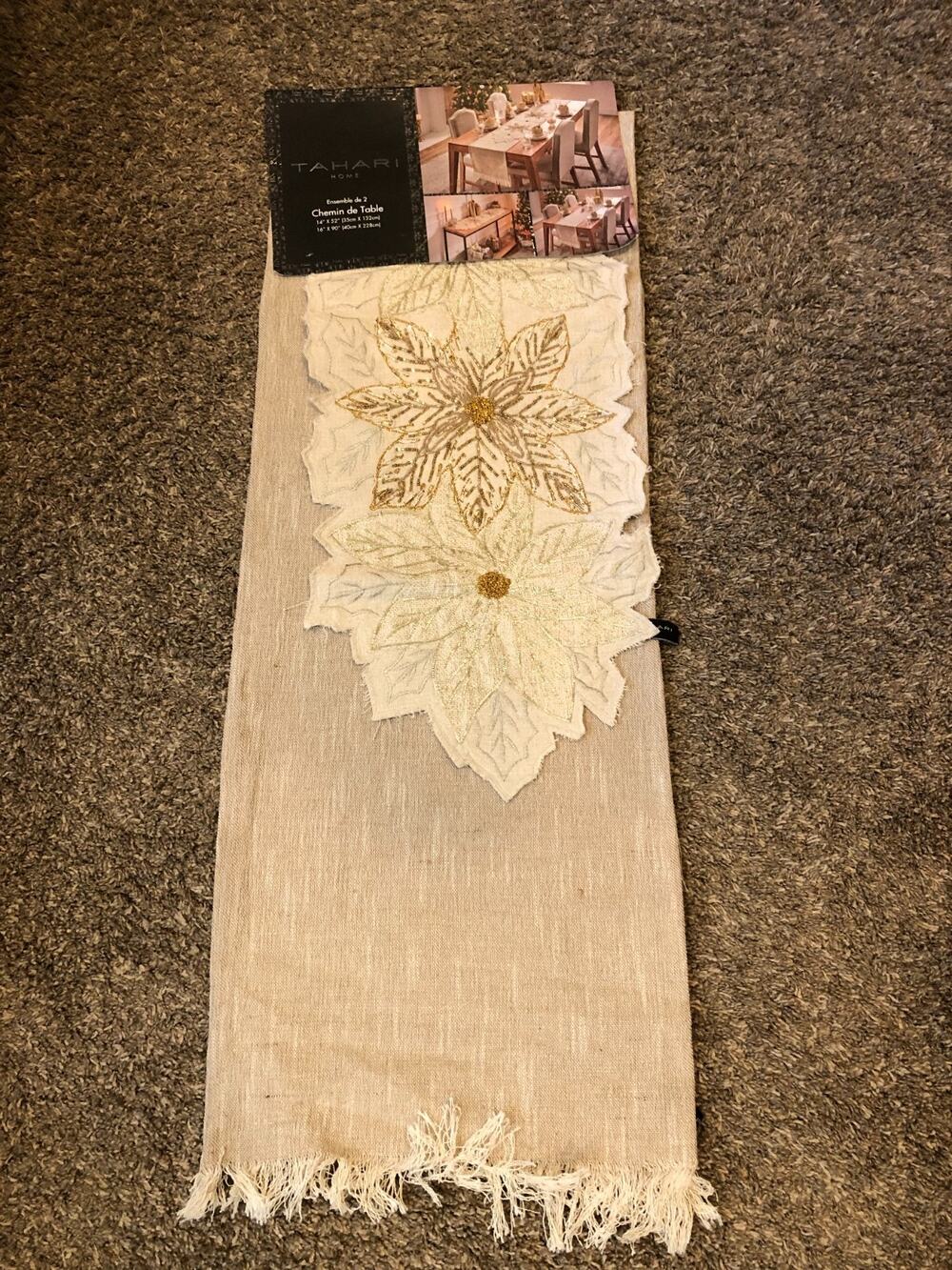 Tahari Set 2 Gold Table Runners Plain Beige 16"x90"/ Poinsettia 14"x52" beaded
